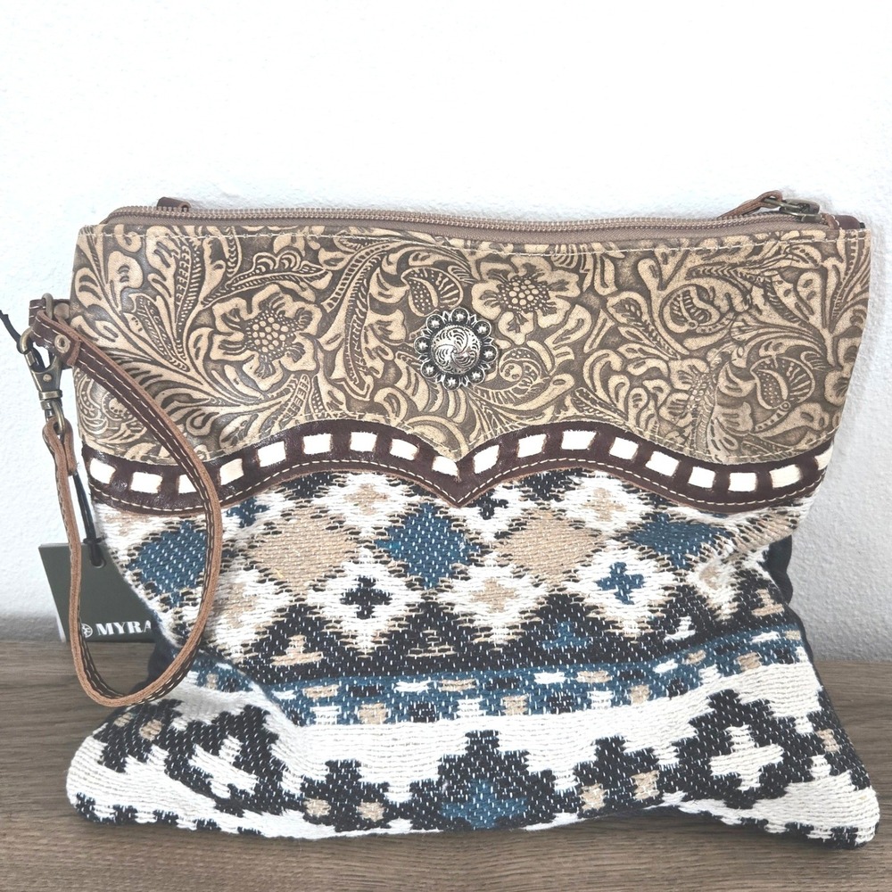 Myra Tincture Embossed Leather‎ Western Crossbody Aztec Pattern Blue Brown NWT
